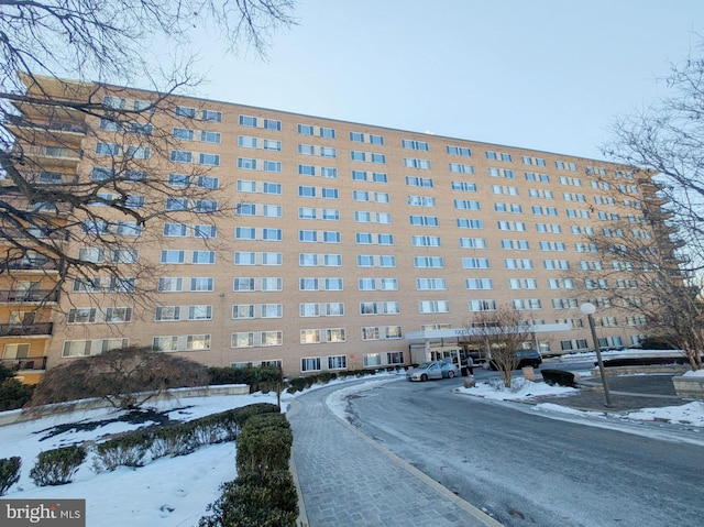 view of snow covered building