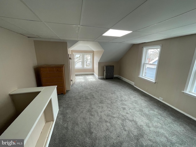 additional living space featuring baseboards, a healthy amount of sunlight, carpet, and radiator