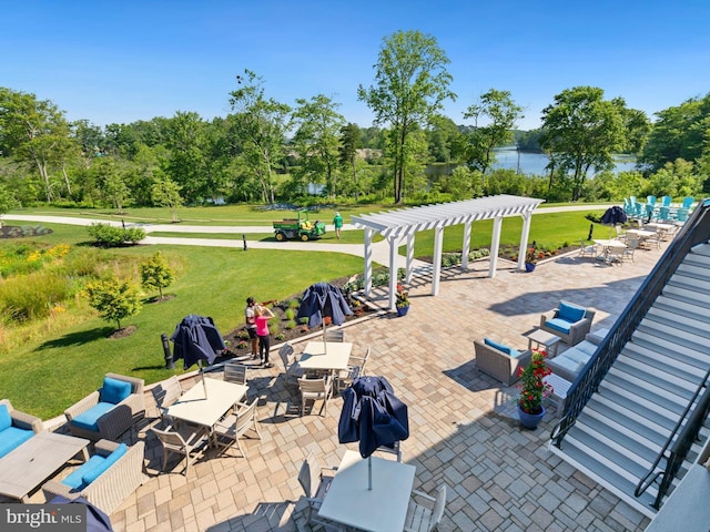 view of patio with a pergola, an outdoor hangout area, and a water view