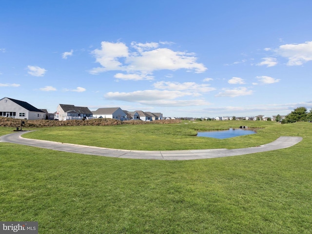 view of property's community featuring a water view and a yard