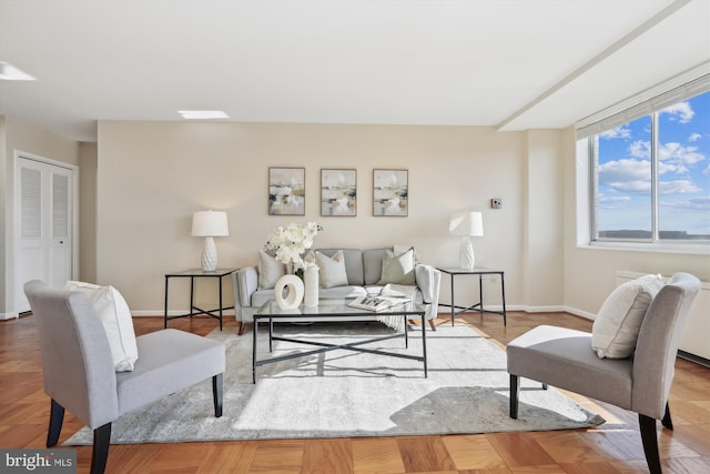 living room with parquet flooring