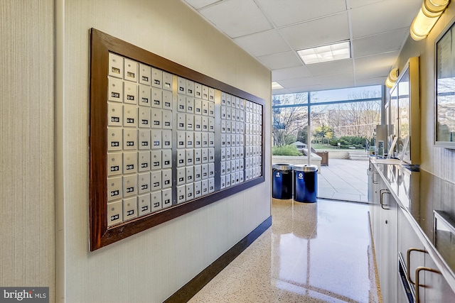 hall featuring a paneled ceiling and mail boxes