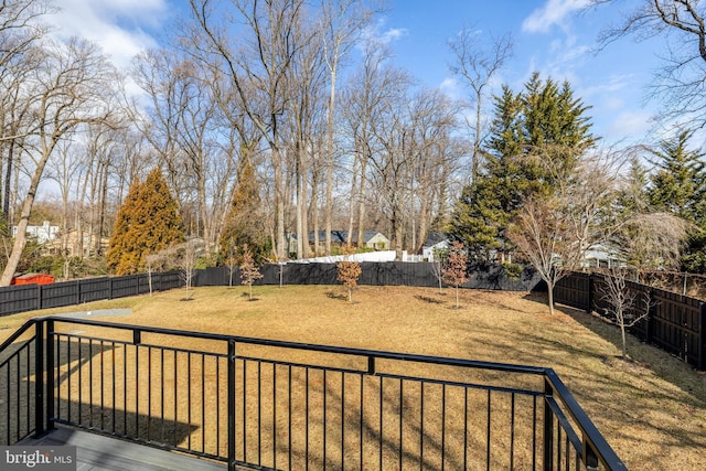 wooden terrace with a fenced backyard and a yard