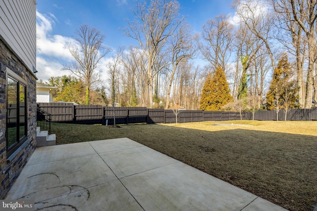 view of yard featuring a patio area and a fenced backyard