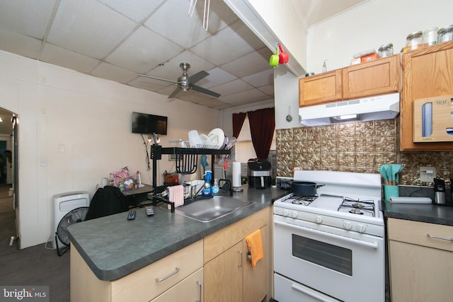 kitchen with a paneled ceiling, white range with gas cooktop, sink, and backsplash