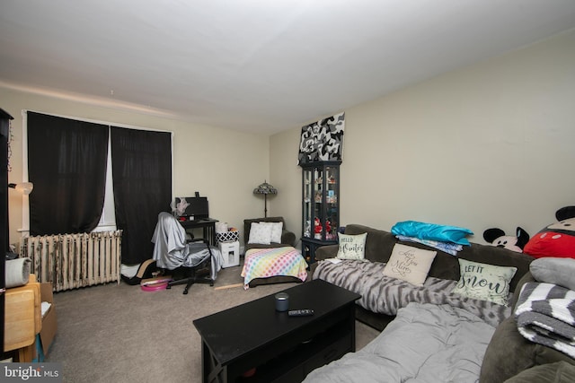 living room featuring radiator and carpet flooring