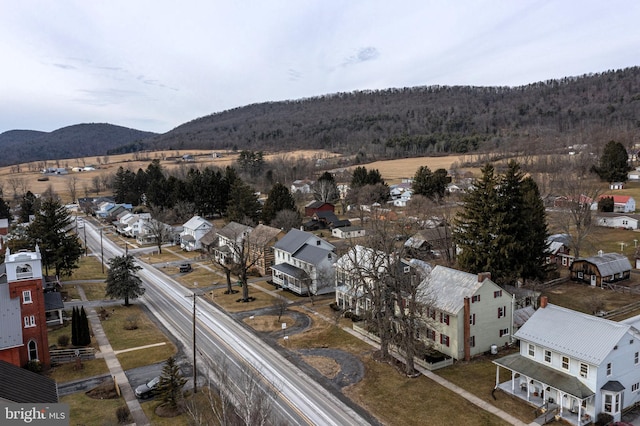 drone / aerial view featuring a wooded view and a mountain view