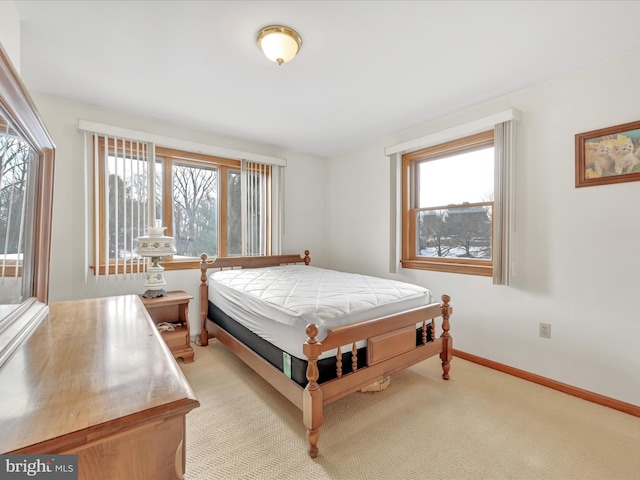 bedroom with multiple windows and light carpet