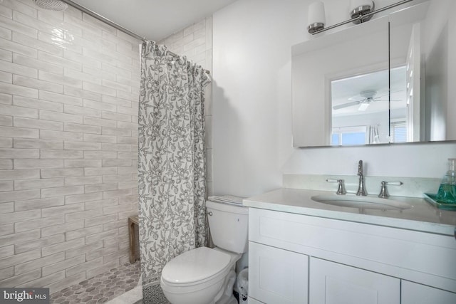 bathroom featuring a shower with curtain, vanity, and toilet