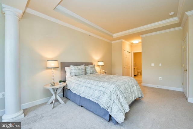 bedroom with baseboards, ornamental molding, carpet flooring, and ornate columns