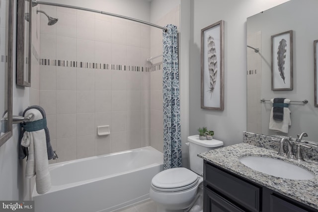 full bathroom featuring vanity, toilet, and shower / bathtub combination with curtain