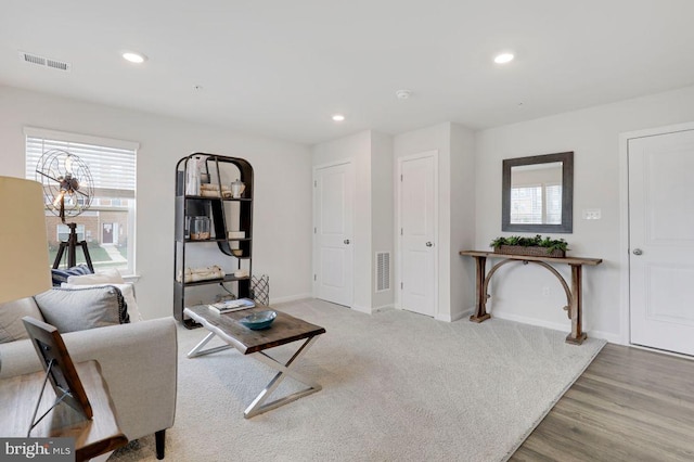 living room with light hardwood / wood-style flooring