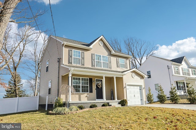 view of front of house with a garage, covered porch, and a front lawn