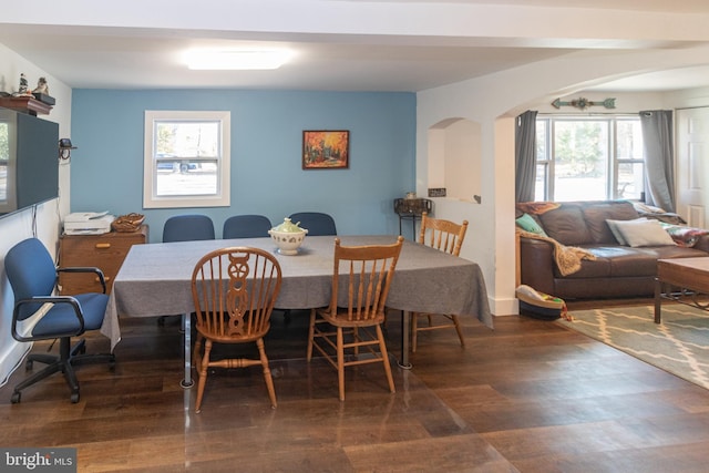 dining area with dark hardwood / wood-style flooring