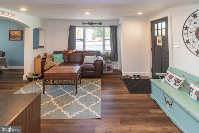 living room featuring dark wood-type flooring