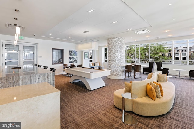 game room featuring pool table and dark carpet