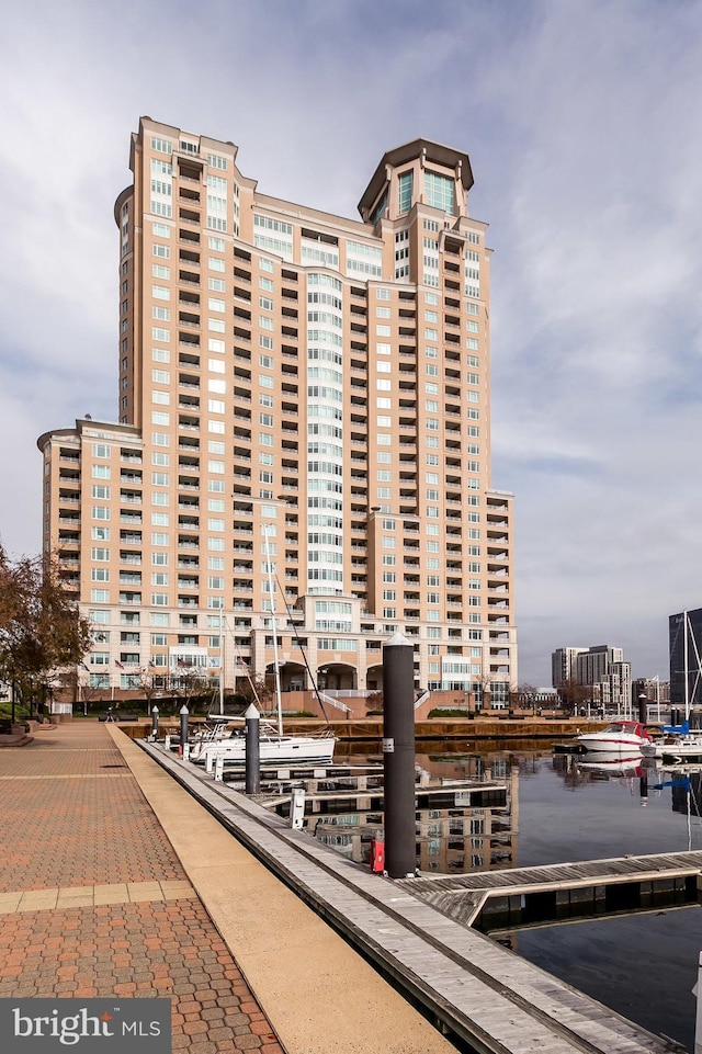 view of building exterior with a water view