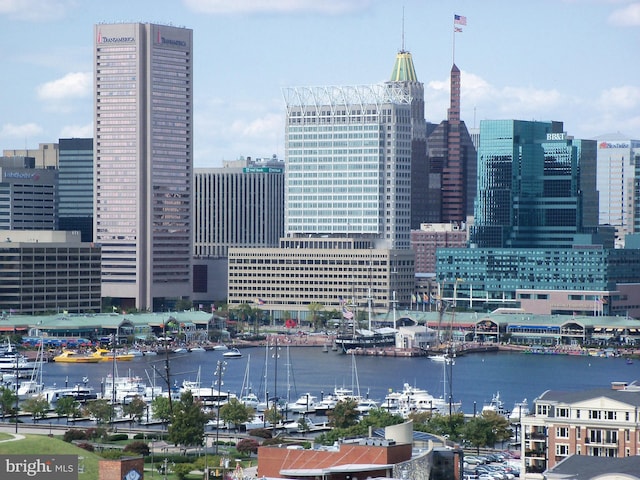 property's view of city featuring a water view