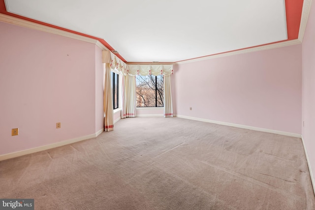 unfurnished room with ornamental molding and light colored carpet