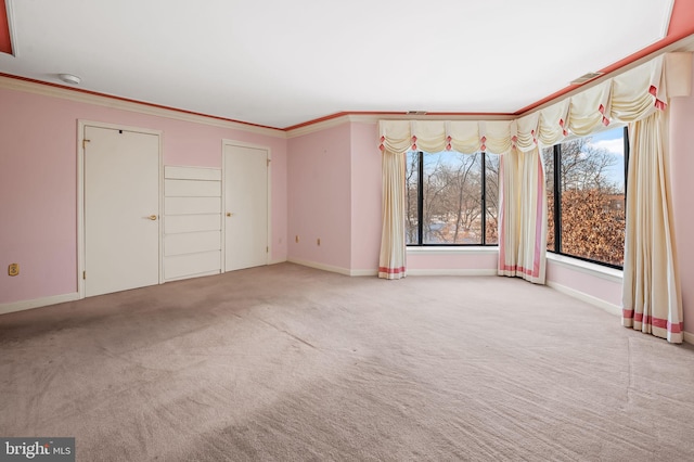 interior space featuring two closets, crown molding, and carpet flooring