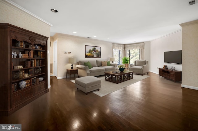 living room featuring hardwood / wood-style flooring and ornamental molding