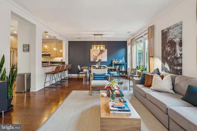 living room featuring ornamental molding and dark hardwood / wood-style floors