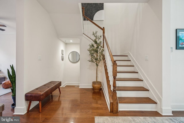 stairs featuring hardwood / wood-style flooring and ceiling fan