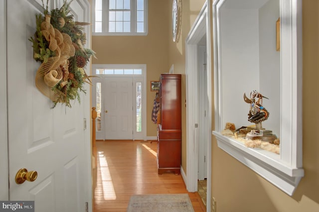 foyer entrance featuring a towering ceiling and light hardwood / wood-style flooring