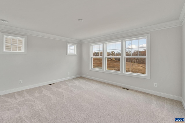 spare room featuring crown molding and light colored carpet