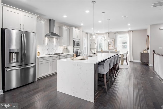 kitchen with white cabinetry, appliances with stainless steel finishes, a kitchen island with sink, and wall chimney exhaust hood