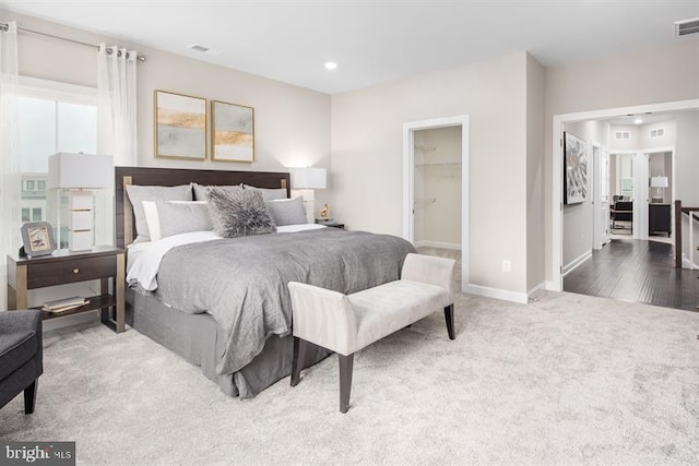 bedroom with a spacious closet, a closet, and carpet