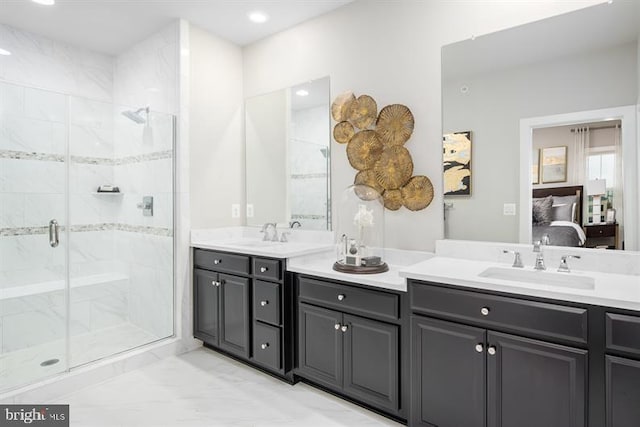 bathroom featuring vanity and walk in shower