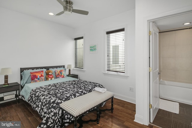 bedroom featuring dark hardwood / wood-style floors and ceiling fan