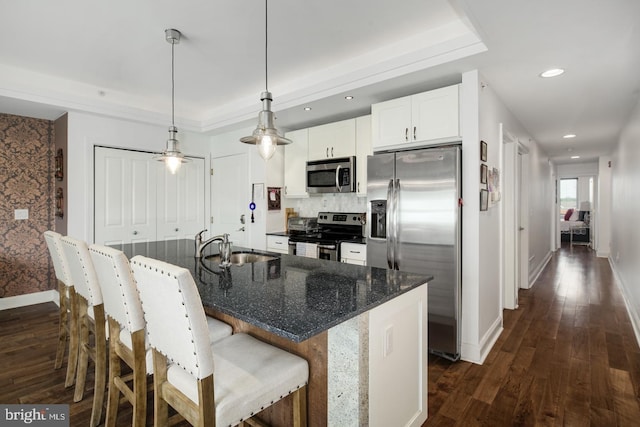 kitchen with appliances with stainless steel finishes, decorative light fixtures, white cabinetry, a raised ceiling, and a center island with sink