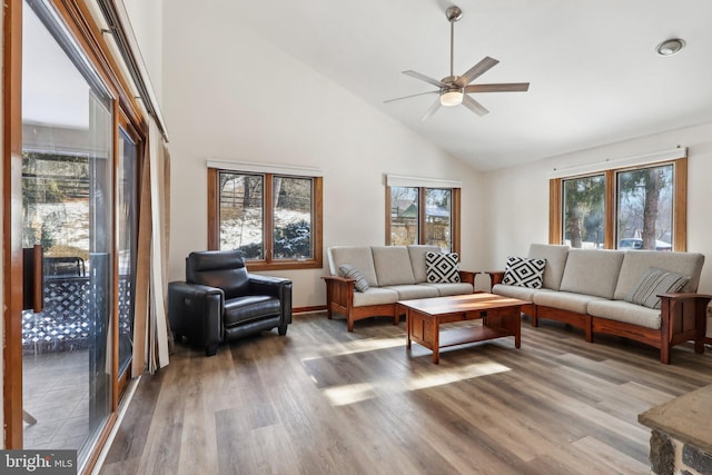 living room with wood-type flooring, a healthy amount of sunlight, ceiling fan, and high vaulted ceiling