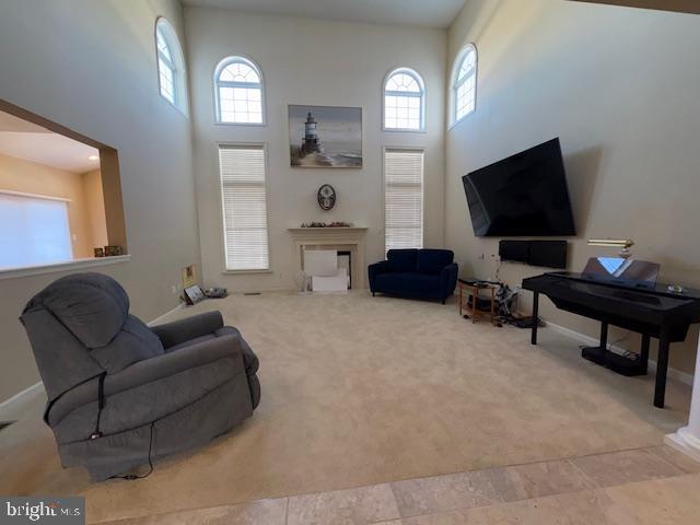 living room featuring light colored carpet, a healthy amount of sunlight, and a high ceiling