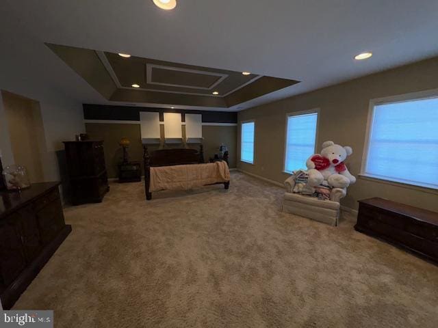 bedroom with light colored carpet and a raised ceiling