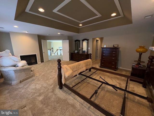 bedroom with a raised ceiling and carpet floors