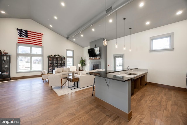 kitchen with sink, a kitchen breakfast bar, high vaulted ceiling, decorative light fixtures, and light wood-type flooring