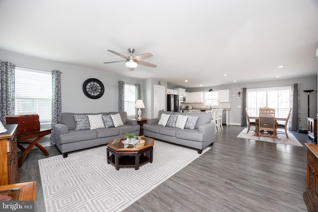 living room with hardwood / wood-style flooring, a wealth of natural light, and ceiling fan