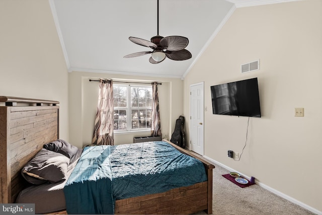 bedroom featuring crown molding, carpet, high vaulted ceiling, and ceiling fan