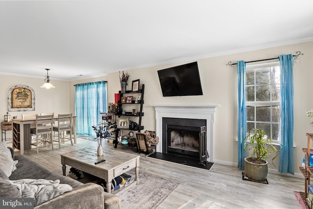 living room with crown molding and light wood-type flooring