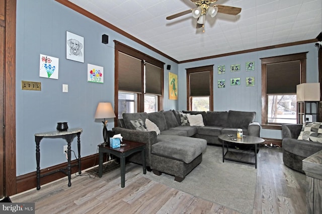 living room featuring crown molding, ceiling fan, and light hardwood / wood-style floors