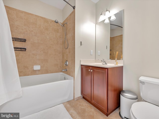 full bathroom featuring tile patterned flooring, vanity, shower / bath combination with curtain, and toilet