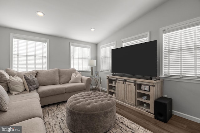 living room with lofted ceiling and dark hardwood / wood-style floors