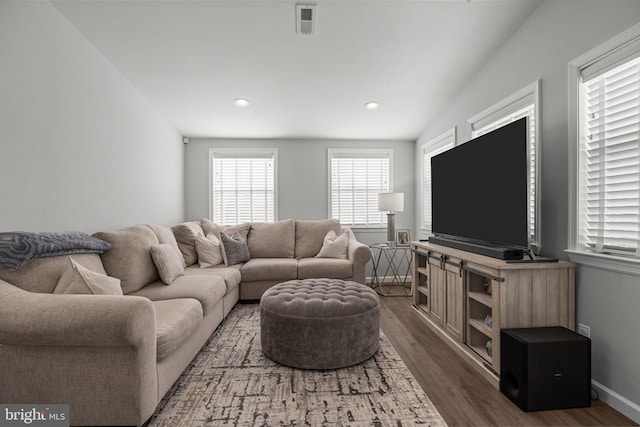 living room with dark wood-type flooring