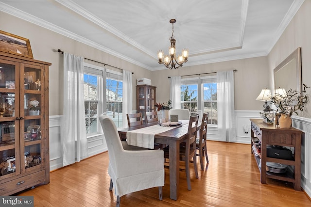 dining space with a tray ceiling, light hardwood / wood-style flooring, and a wealth of natural light