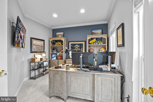 carpeted home office with crown molding