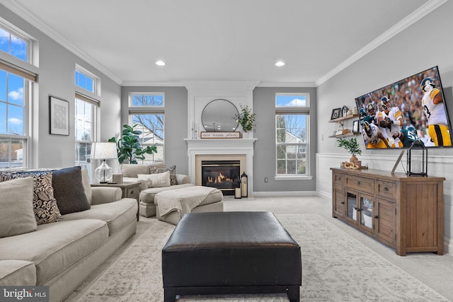 carpeted living room with crown molding