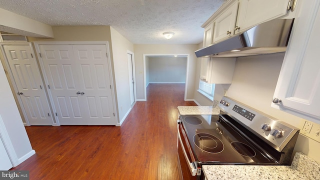 12459 Charter Oak Ct, Waldorf, MD 20601 - kitchen with white cabinetry, stainless steel electric range oven, dark hardwood / wood-style floors, and a textured ceiling